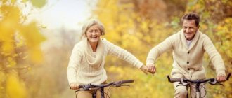 Elderly couple riding bicycles in the park